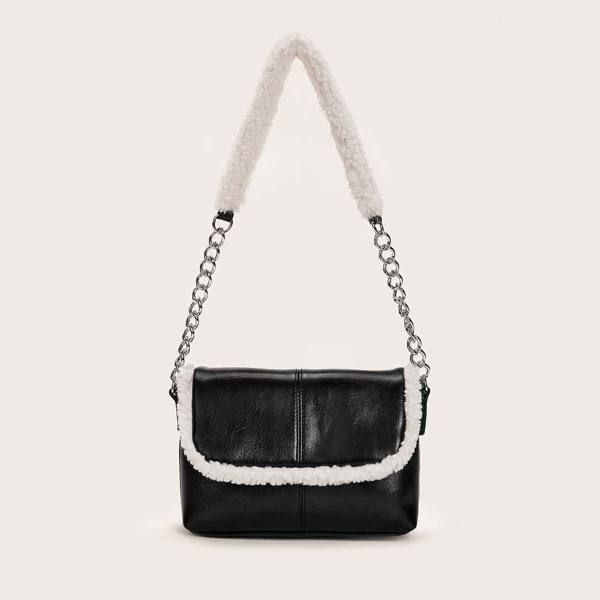 

Contrast Teddy Chain Shoulder Bag, Black