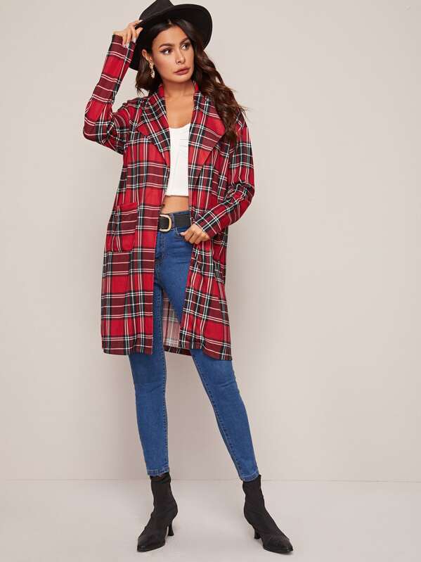 

Drop Shoulder Patch Pocket Tartan Coat, Red, Gabi