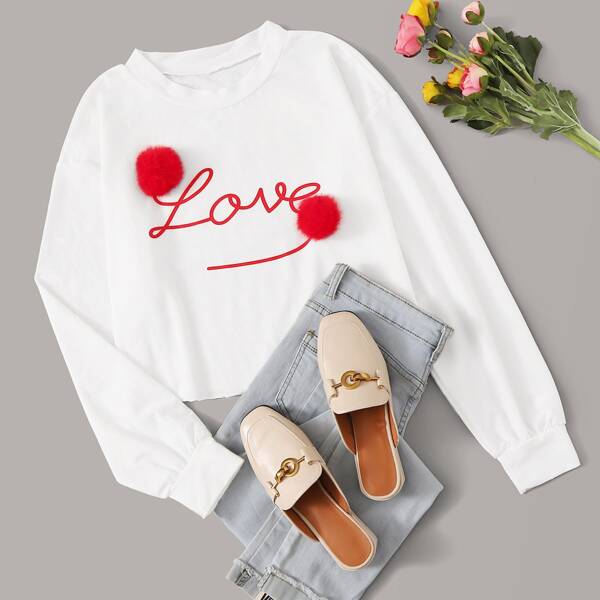 

Letter Graphic Pom Pom Detail Sweatshirt, White