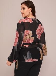 Modelyn Plus Pleated Lantern Sleeve Tie Side Wrap Top