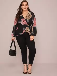 Modelyn Plus Pleated Lantern Sleeve Tie Side Wrap Top