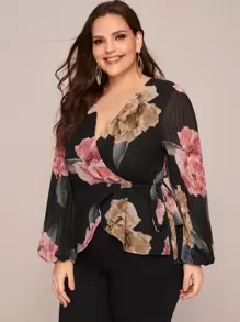 Modelyn Plus Pleated Lantern Sleeve Tie Side Wrap Top