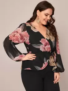 Modelyn Plus Pleated Lantern Sleeve Tie Side Wrap Top