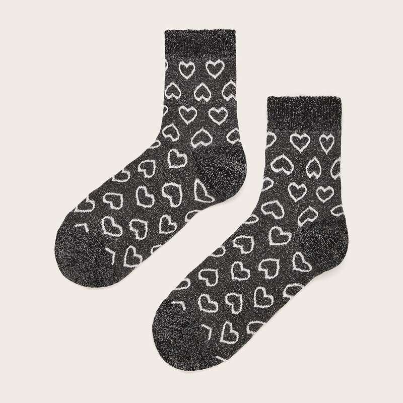 

1pair Heart Pattern Socks, Grey