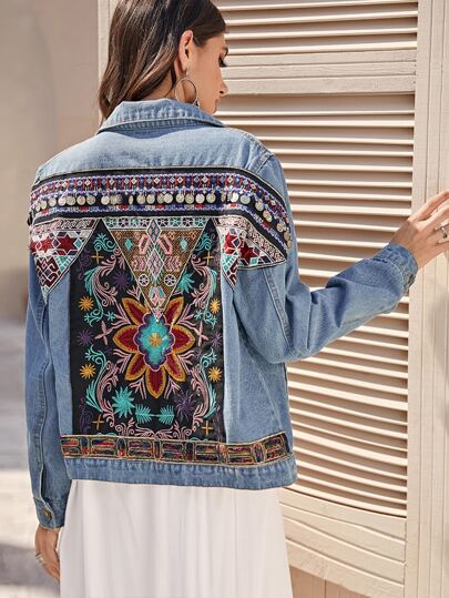 Tribal Embroidery Ripped Denim Trucker Jacket