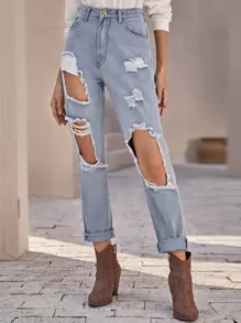 Jean déchiré délavé - Jean clair - Voir 1