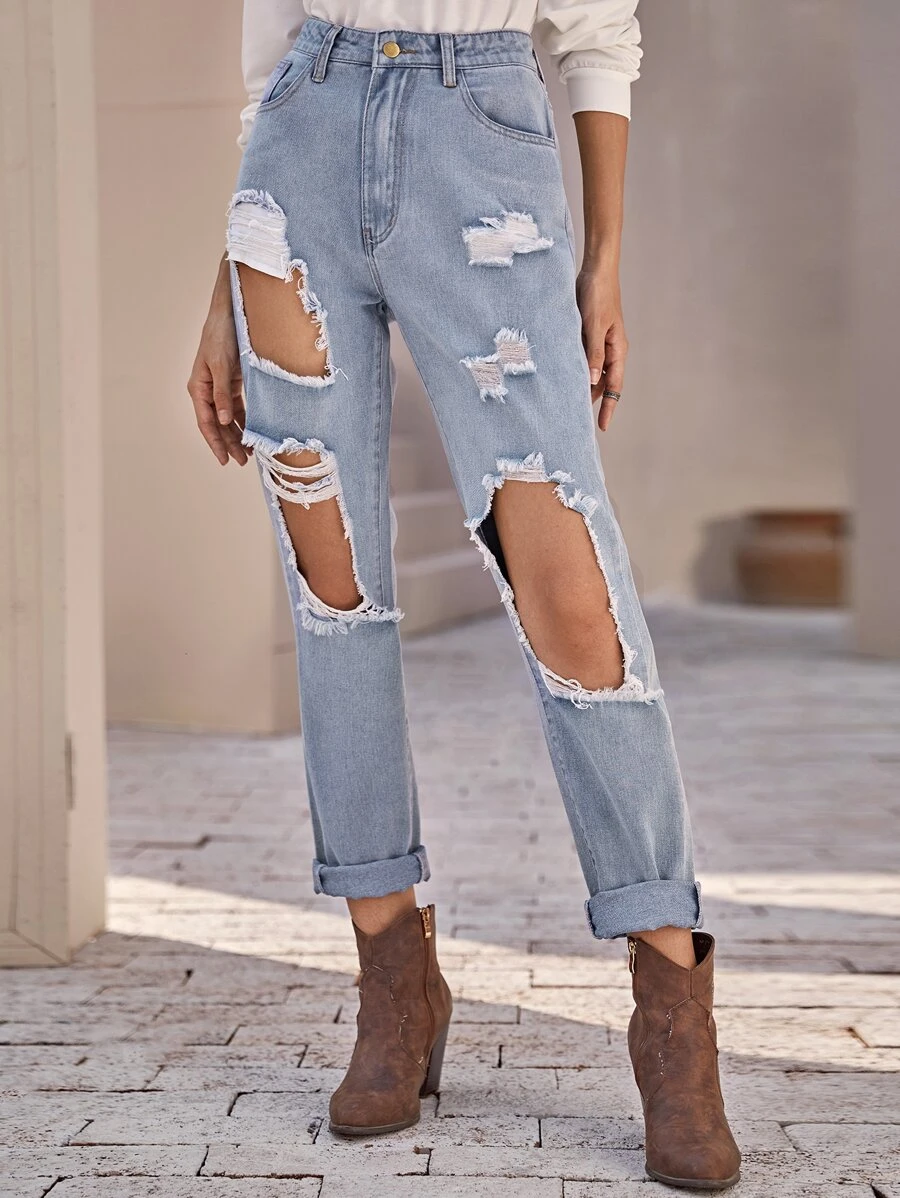 Jean déchiré délavé - Jean clair - Voir 1