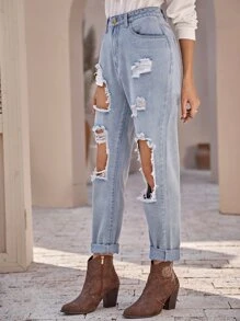 Jean déchiré délavé - Jean clair - Voir 4