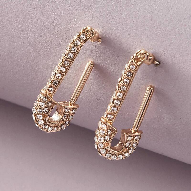 

1pair Rhinestone Engraved Paperclip Design Earrings, Gold