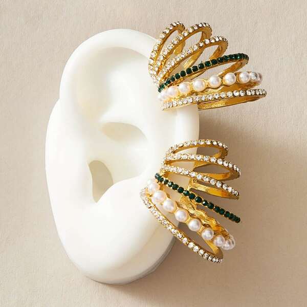 

2pcs Rhinestone Engraved & Faux Pearl Decor Ear Cuff, Multicolor
