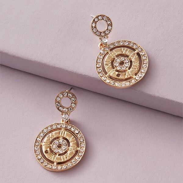 

1pair Rhinestone Engraved Round Drop Earrings, Gold