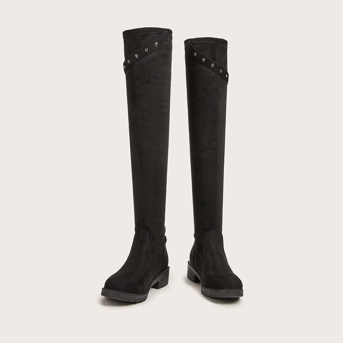 

Studded Buckle Over The Knee Boots, Black