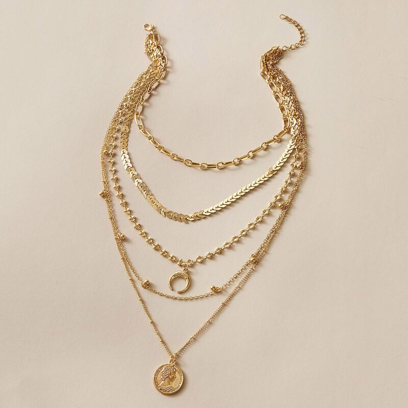 

1pc Coin & Horn Charm Layered Necklace, Gold