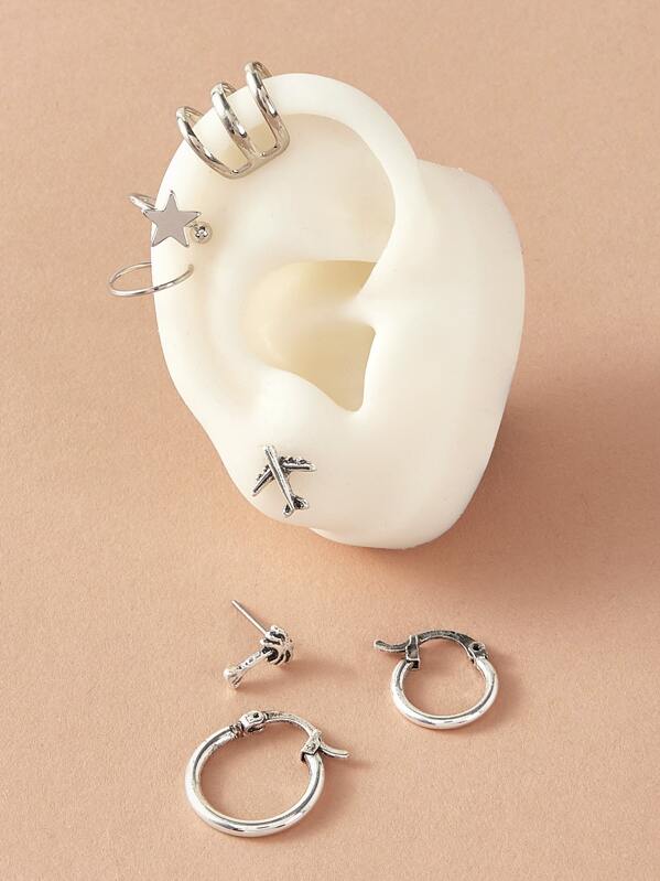 

7pcs Airplane & Star Decor Earrings, Silver
