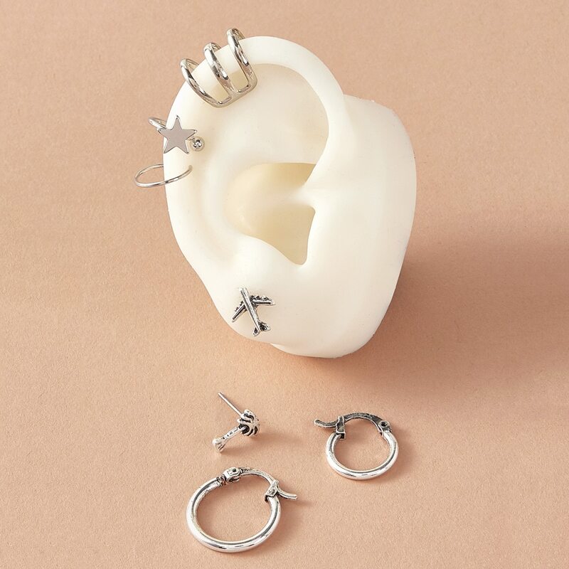 

7pcs Airplane & Star Decor Earrings, Silver