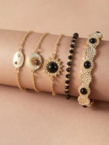 5pcs Bead Decor Bracelet Set - Yellow Gold - View 2