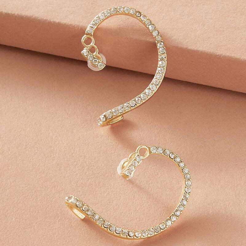 

1pair Rhinestone Engraved Geometric Line Earrings, Gold