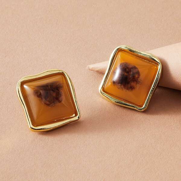 

1pair Color Block Geometric Stud Earrings, Brown