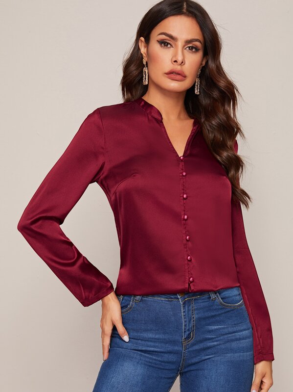 V-neck Button Front Satin Blouse, Burgundy, Andy