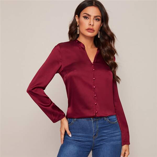 

V-neck Button Front Satin Blouse, Burgundy