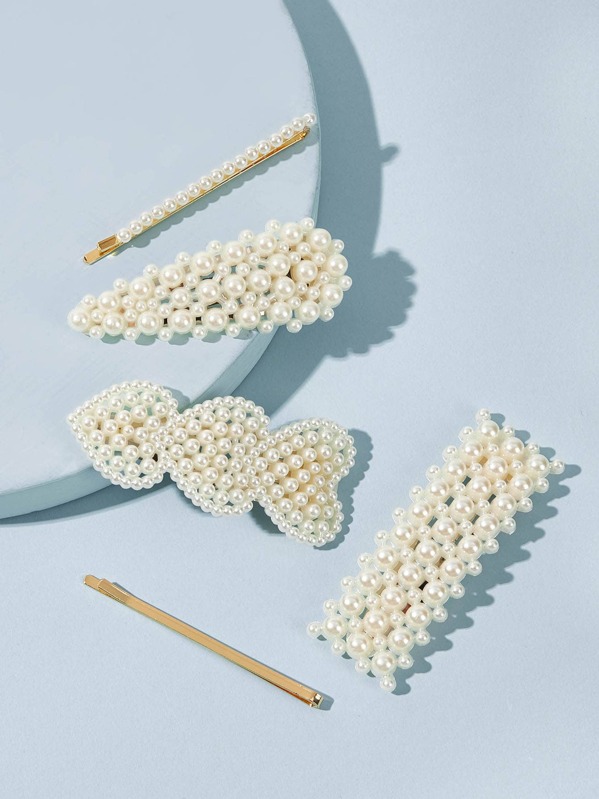 

5pcs Faux Pearl Decor Hair Clips, White