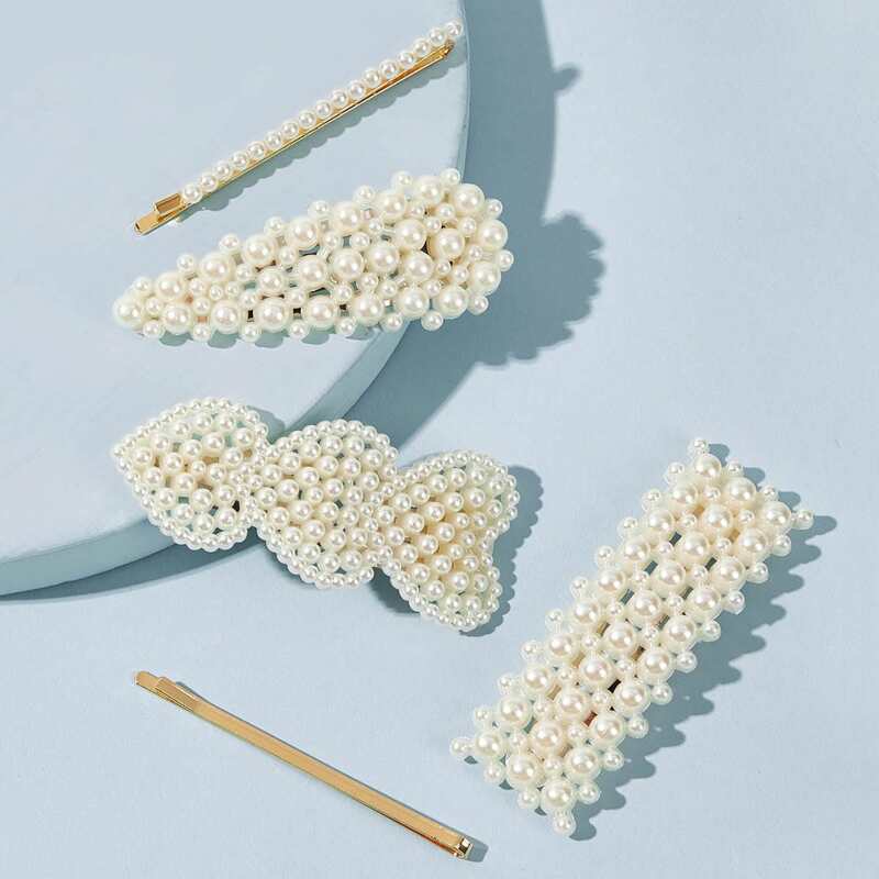 

5pcs Faux Pearl Decor Hair Clip, Beige