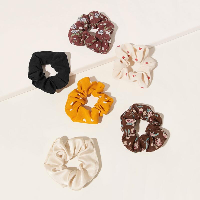 

6pcs Heart & Flower Pattern Scrunchie, Multicolor
