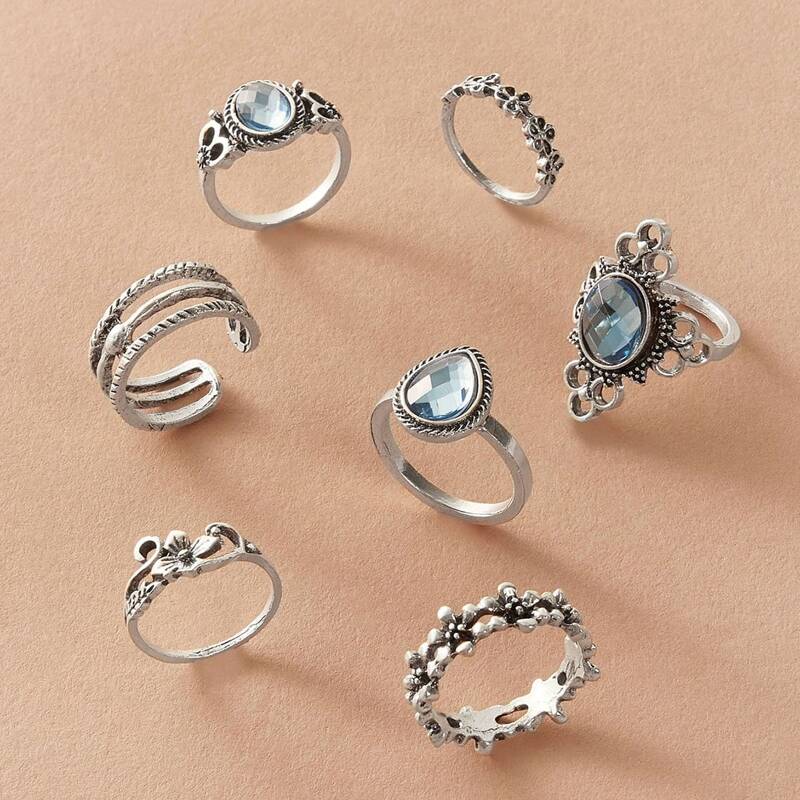 

7pcs Gemstone & Flower Decor Ring, Silver