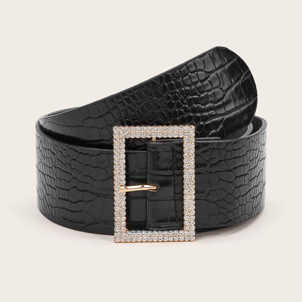 

Crocodile Pattern Rhinestone Engraved Buckle Belt, Black