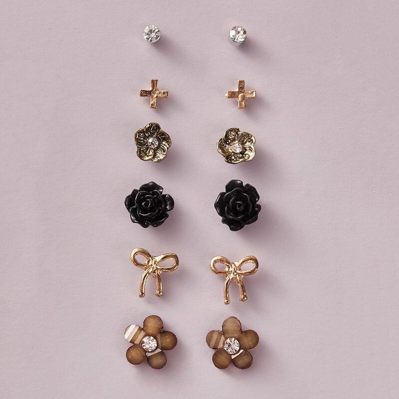 

6pairs Cross & Bow Knot Decor Earrings, Multicolor