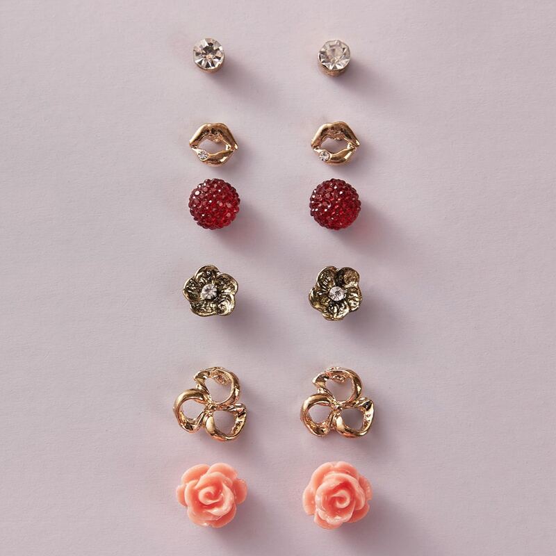 

6pairs Flower & Rhinestone Engraved Flower Decor Earrings, Multicolor