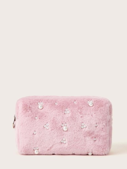 Faux Pearl Decor Plush Cosmetic Bag