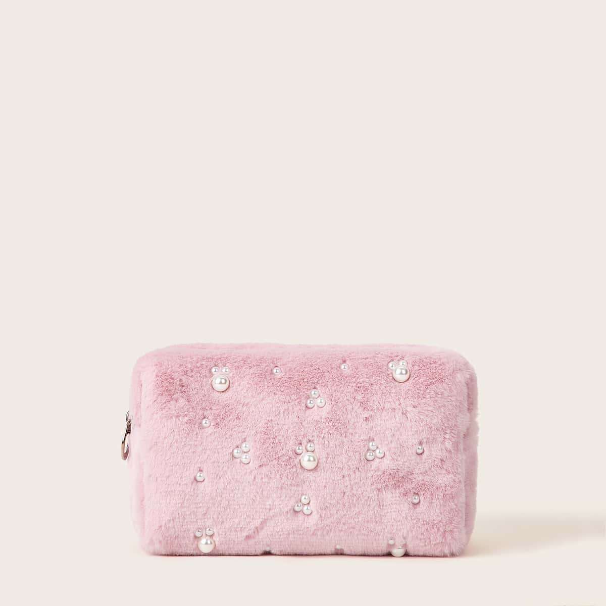 

Faux Pearl Decor Plush Cosmetic Bag, Pink