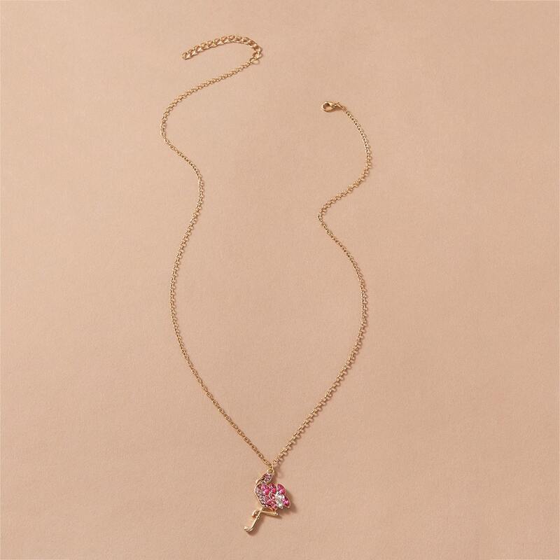 

1pc Rhinestone Engraved Flamingos Charm Necklace, Gold