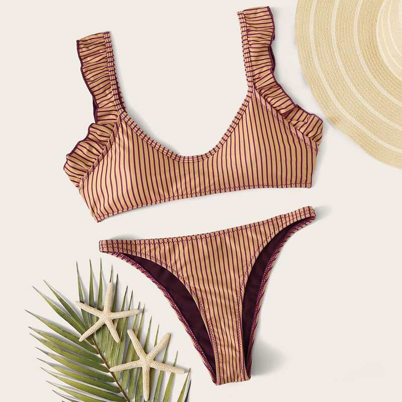 

Ruffle Trim Striped Top With High Cut Bikini Set, Multicolor