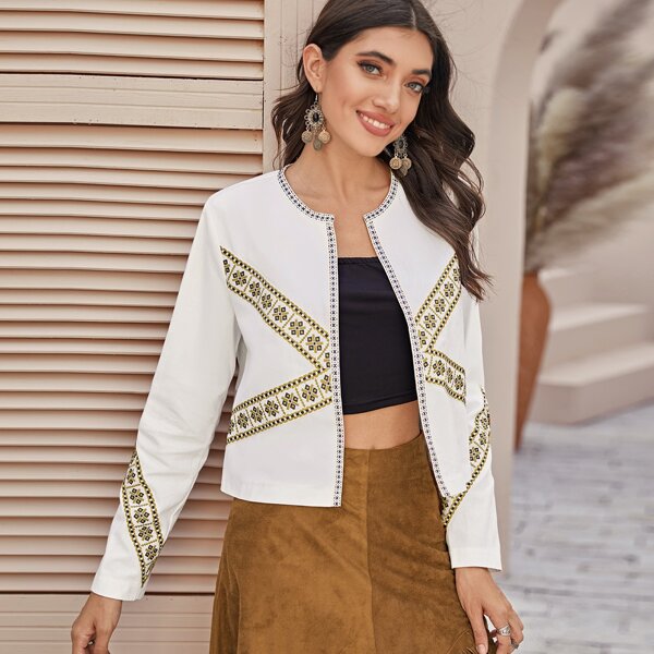 

Tribal Embroidery Open Front Jacket, White