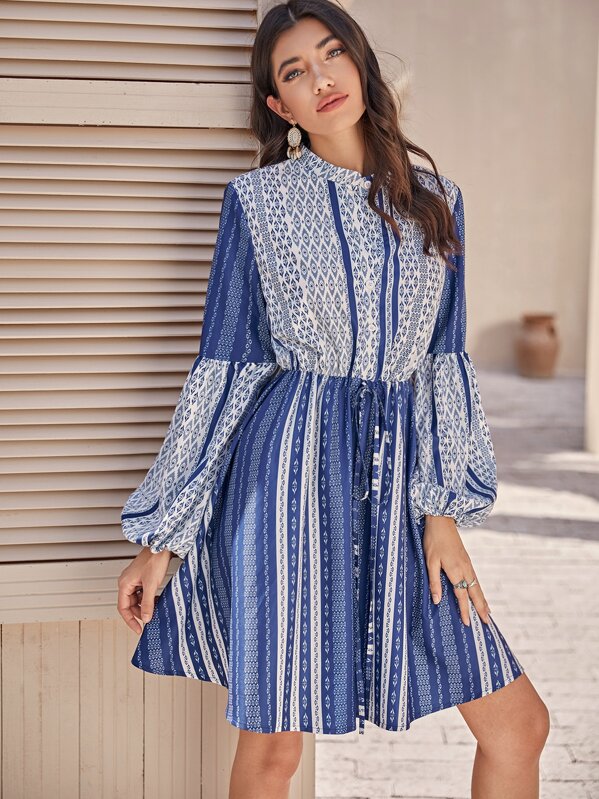 

Geo Print Lantern Sleeve Tie Waist Shirt Dress, Multicolor, JULIAk