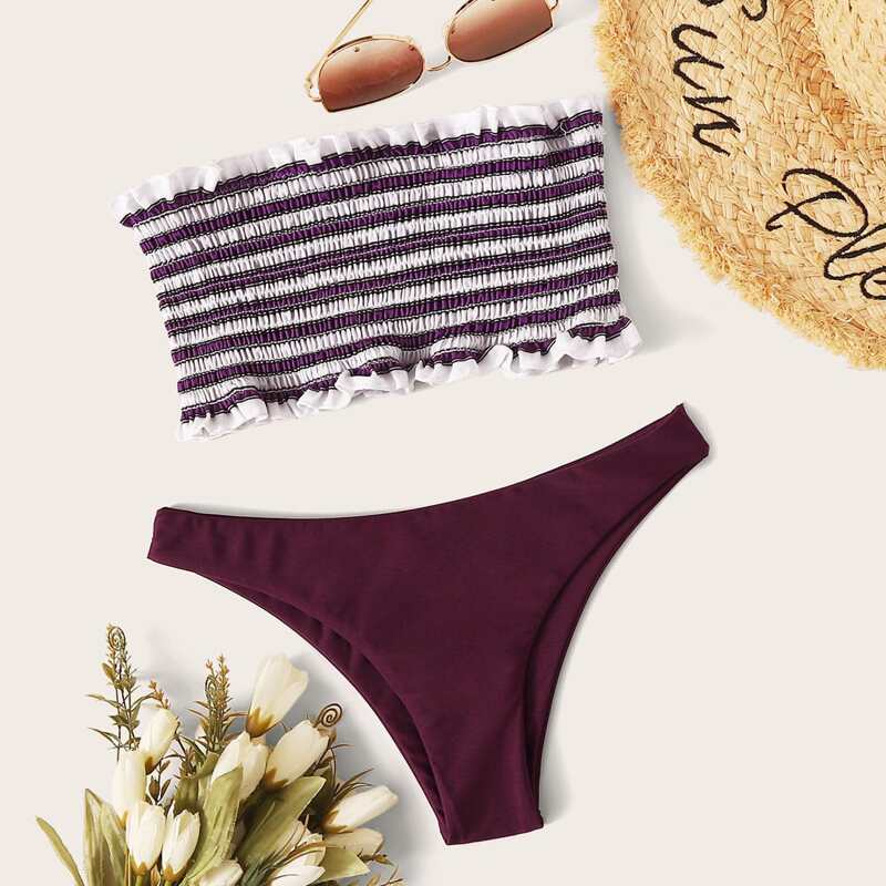 

Smocked Striped Pattern Bandeau Bikini Set, Multicolor