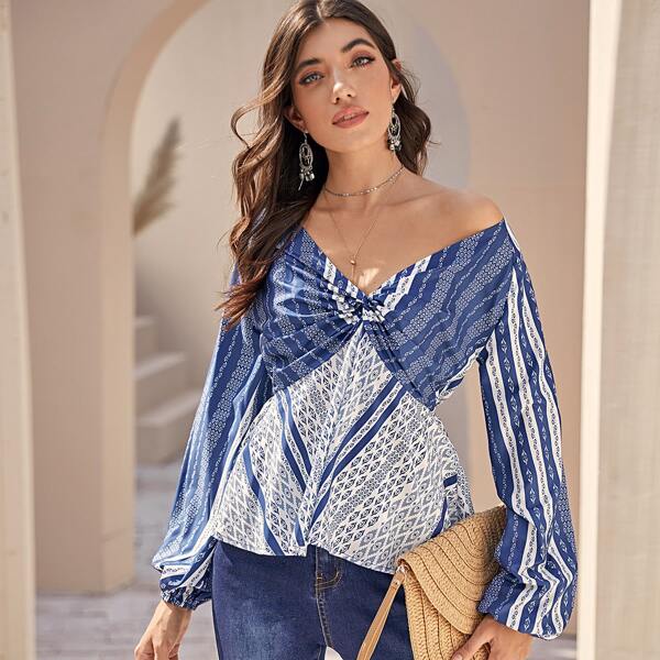 

Tribal Print Twist Peplum Blouse, Multicolor