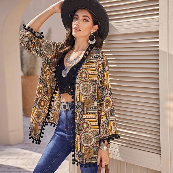 

Scarf Print Pom Pom Detail Kimono, Multicolor