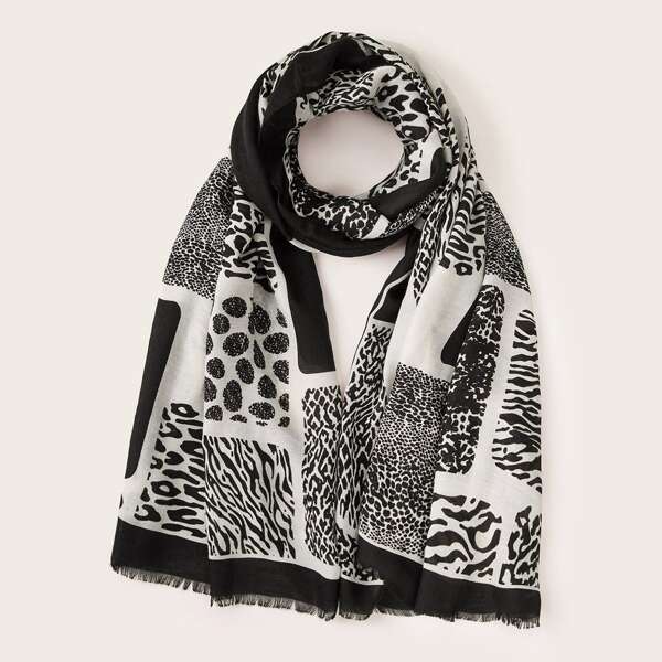 

Leopard Pattern Raw Hem Scarf, Black and white