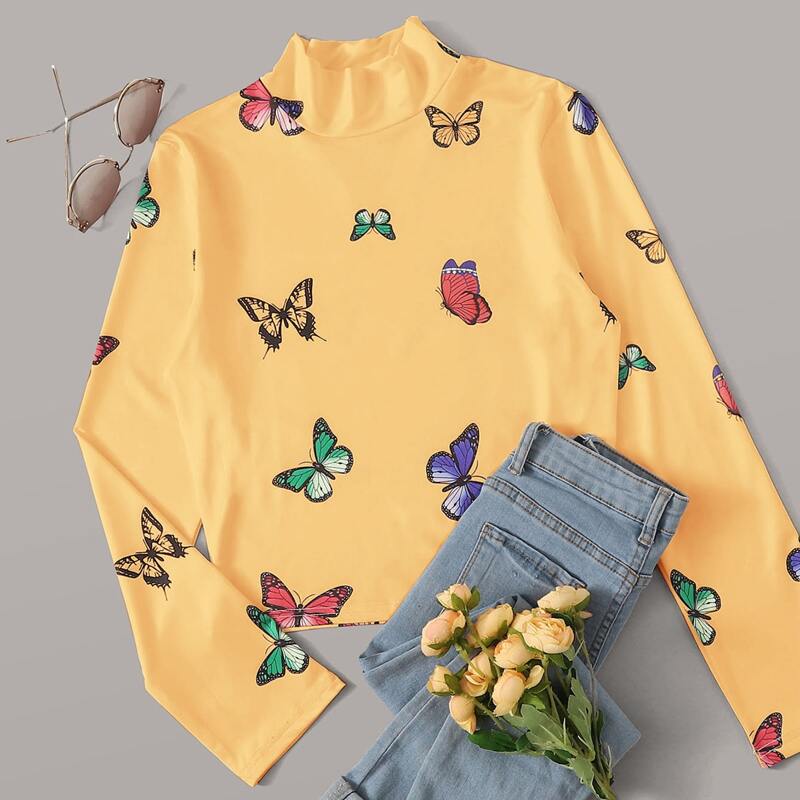 

Butterfly Print Stand Collar Tee, Yellow