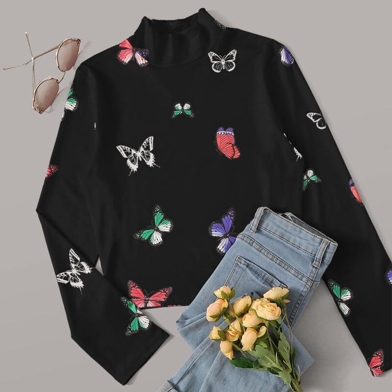 

Butterfly Print Stand Collar Tee, Black