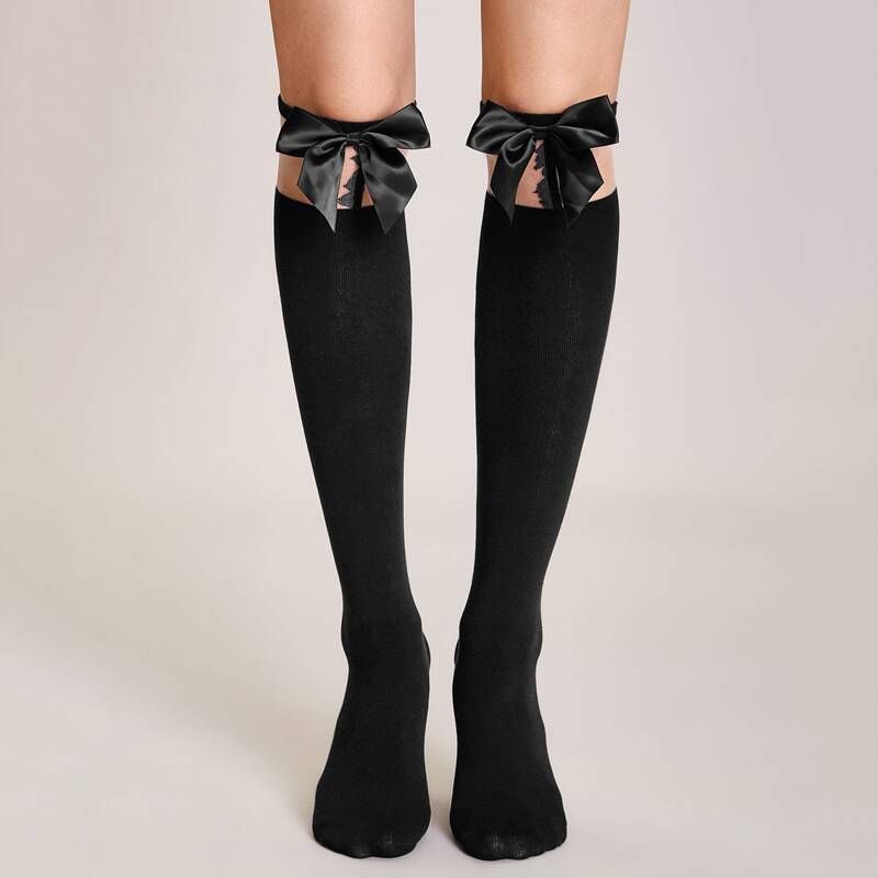 

1pair Bow Knot Decor High Socks, Black
