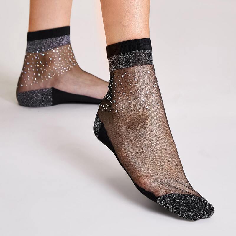

1pair Rhinestone Decor Mesh Socks, Black
