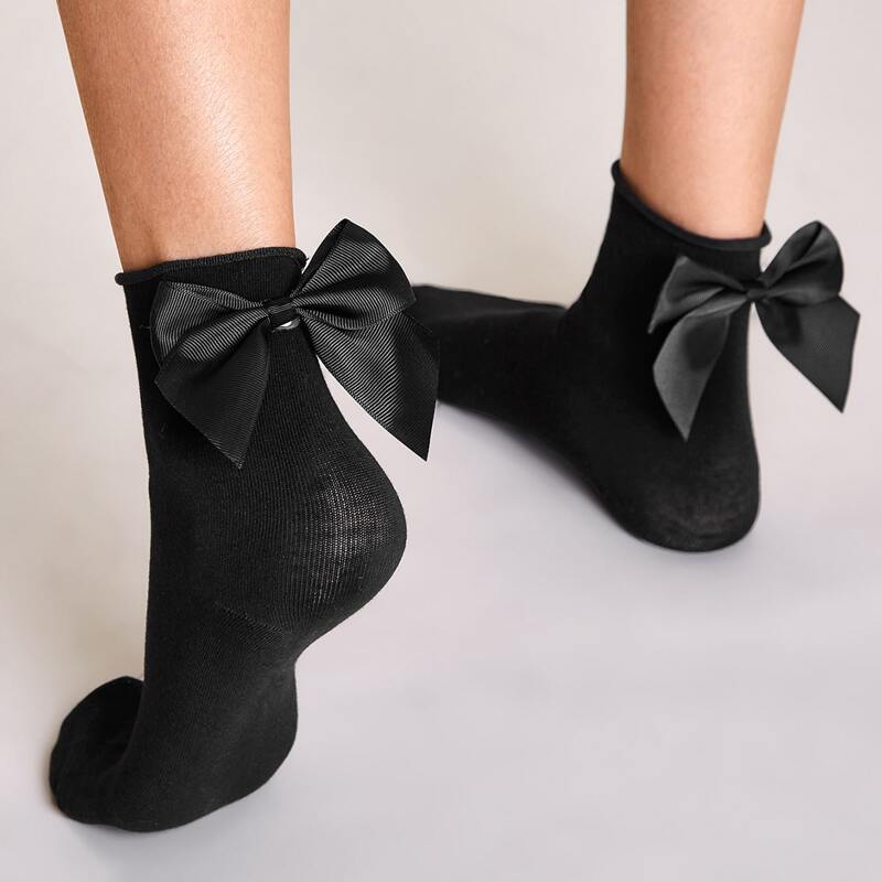 

1pair Bow Knot Decor Socks, Black