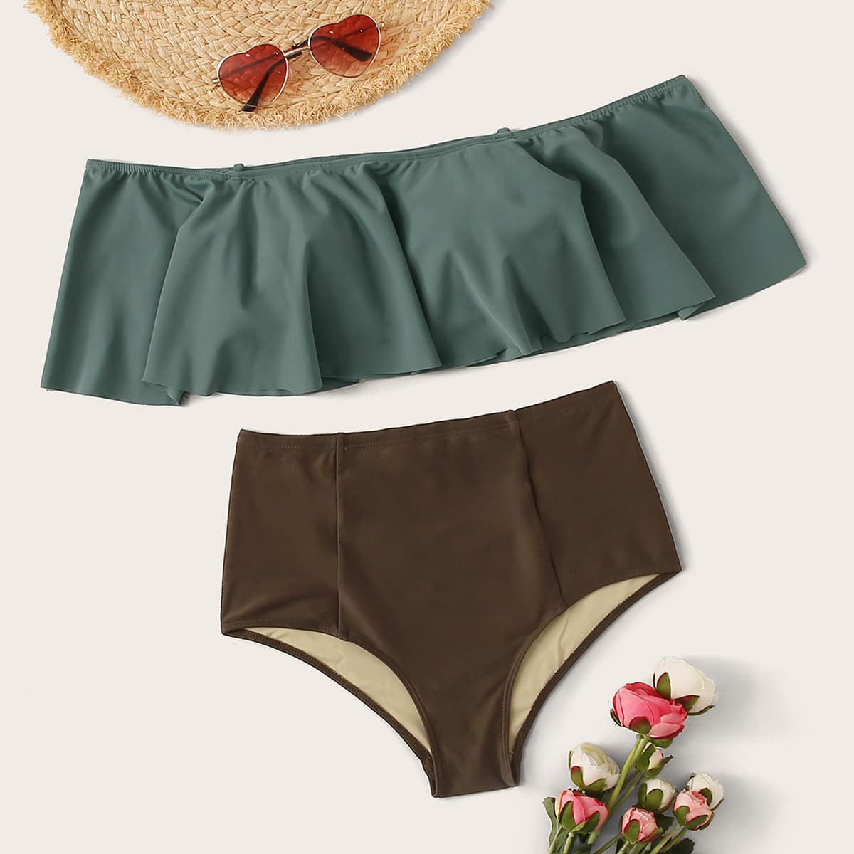

Two Tone Ruffle Top With High Waist Bikini Set, Multicolor