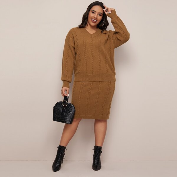 

Plus V-neck Cable Knit Sweater & Skirt Set, Brown