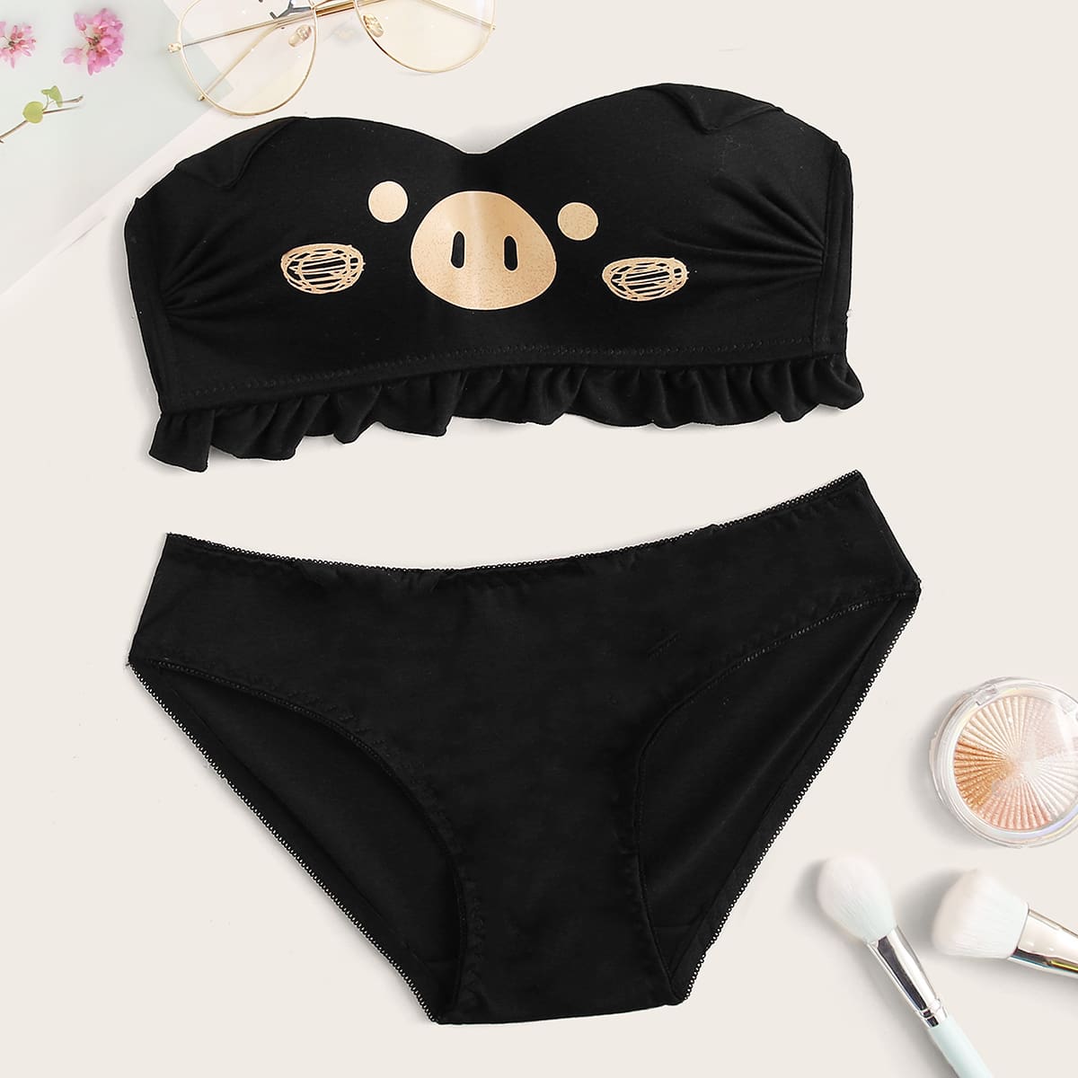 

Ruffle Trim Cartoon Pattern Lingerie Set, Black