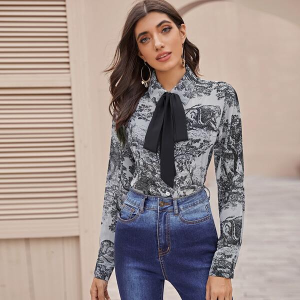 

Tie Neck Landscape Print Chiffon Blouse, Multicolor